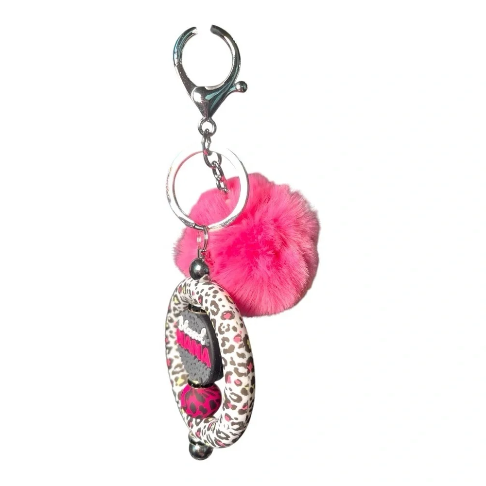 Blessed Nana Keychain with Leopard Print & Pink Pom Pom